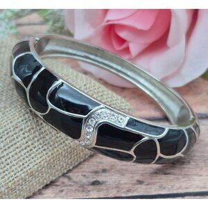 Lia Sophia Silver Tone Hinged Bangle Bracelet Black Enamel & Rhinestones MINT